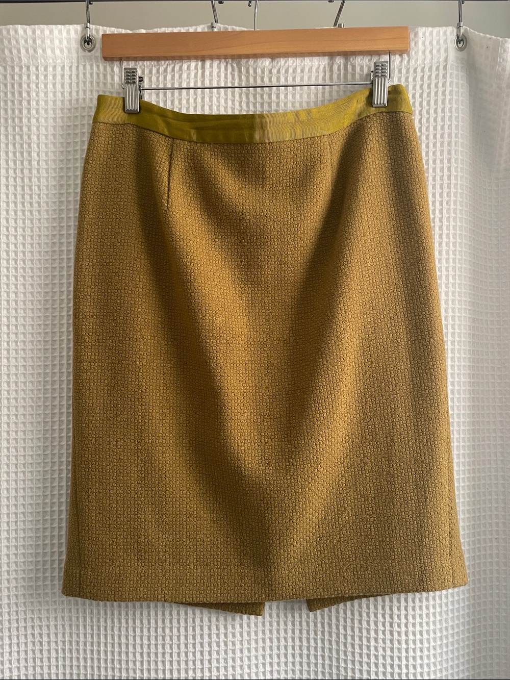 Boden Mustard Tweed Pencil Skirt with Olive Trim